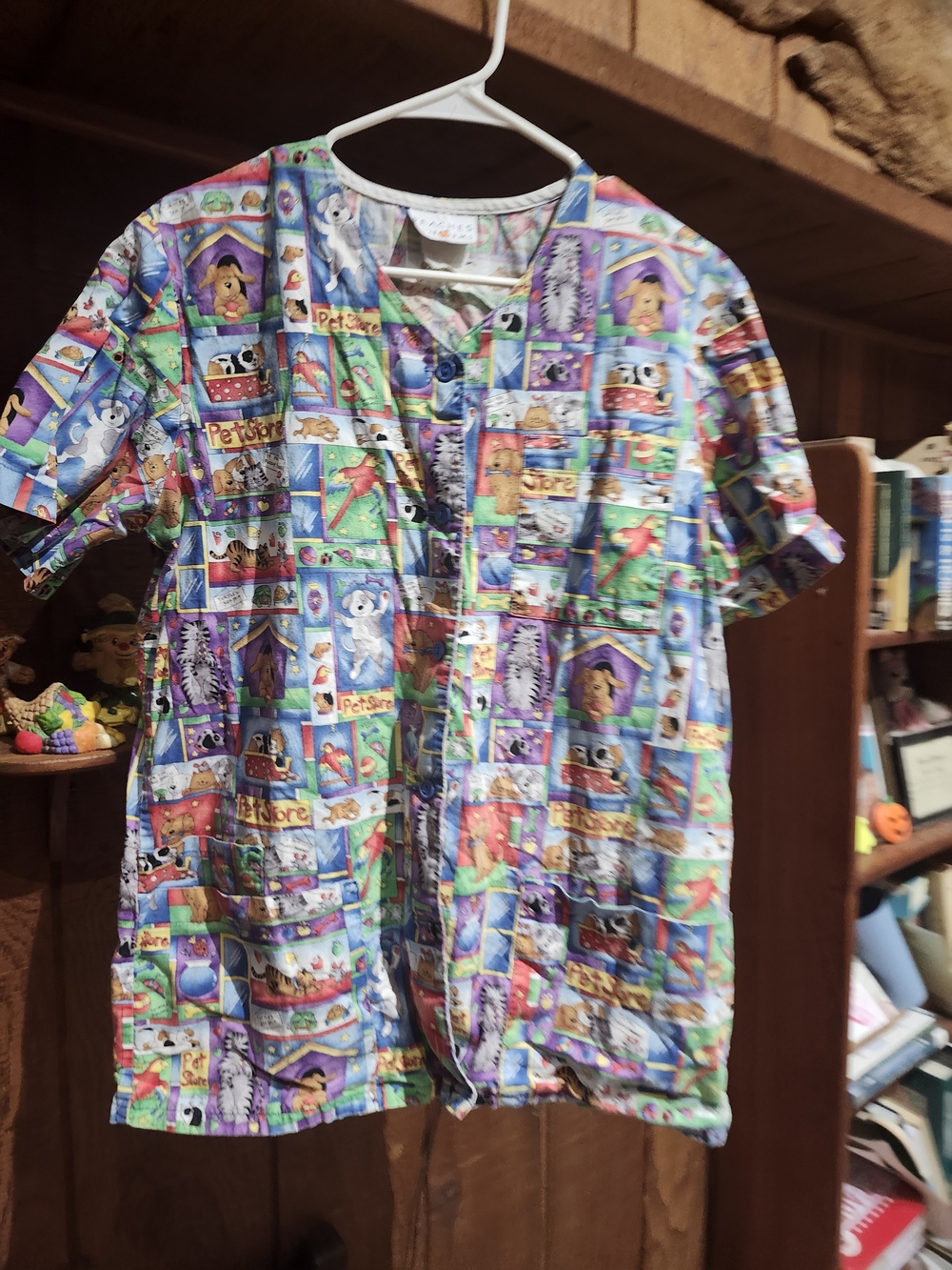 Peaches Uniforms Colorful Patchwork Button Down Animal Print Scrub Top